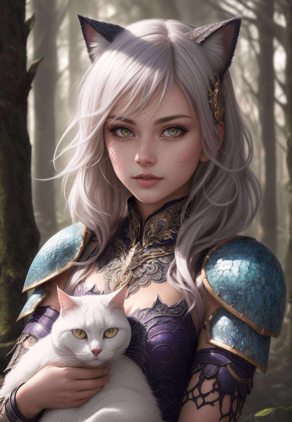 girl holding cat, cat ears, chibi, blue, gold, white, purpple, dragon scaly armor, forest background, fantasy style, (dark...